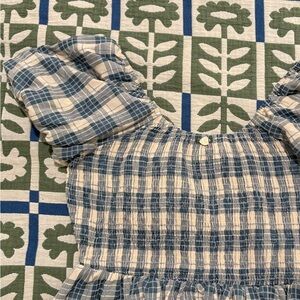 ASOS UK Blue and Ivory Checkered Puff Sleeve Midi Dress